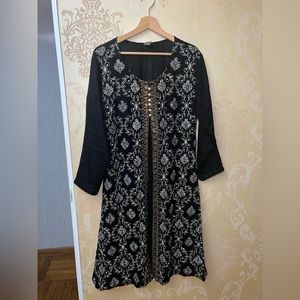 Black Cotton Embroidered Round Kameez
